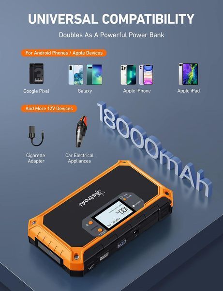 Пусковое устройство AstroAI Car Jump Starter 2000А, для бензиновых и дизельных двигателей, Оранжевый 250317 фото