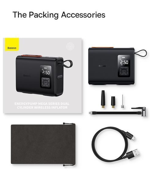 Автокомпресор компресор Baseus EnergyPump Mega Series Dual Cylinder Wireless Inflator, Чорний 250335 фото