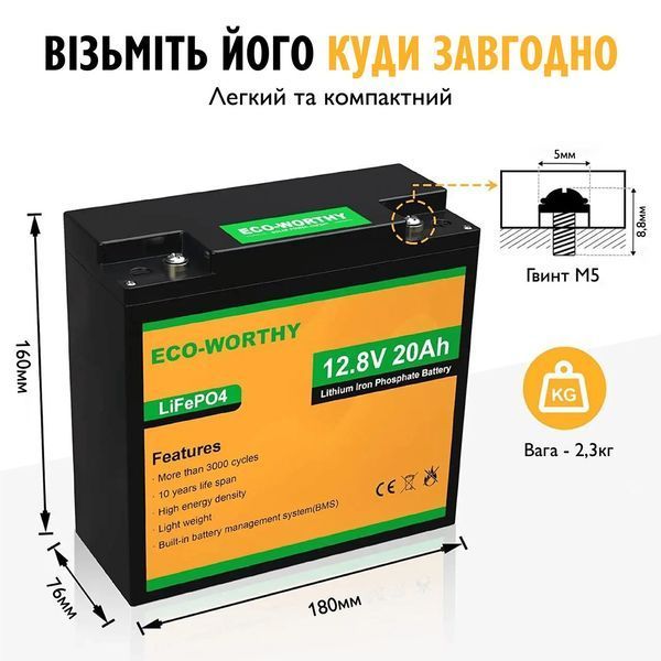 Акумулятор Eco Worthy LiFePO4 12V 20Ah (256Wh) із вбудованим BMS 250137 фото
